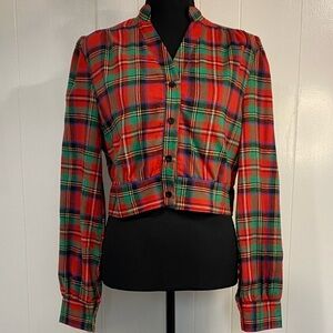 Cropped Plaid Holiday Top | Red Green Tartan Button Front | Festive | Size 6